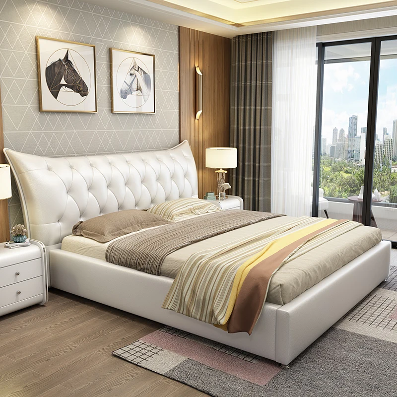 Foshan wholesale modern luxury bedroom furniture king size solid wood genuine leather bed