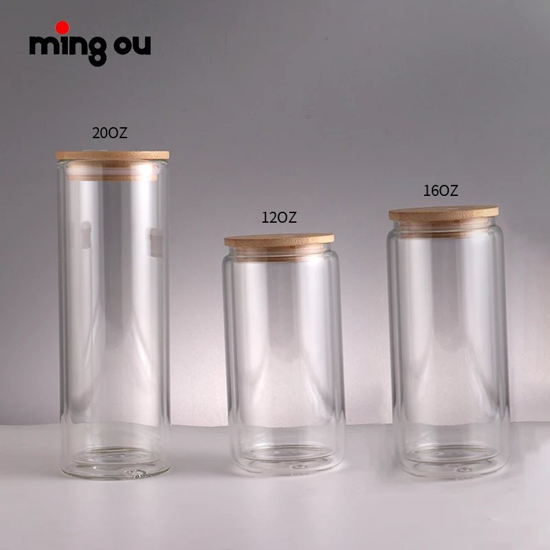 Customized 16oz reusable blank water cup glass beer can with bamboo lid and straw