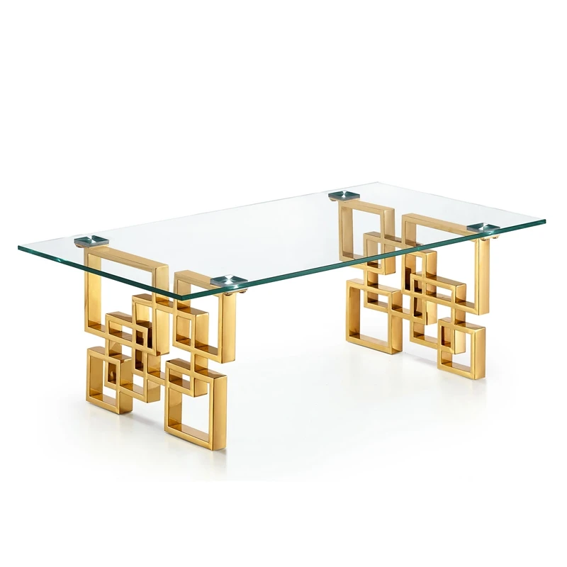 Modern living room furniture rectangle luxury golden legs transparent glass coffee table