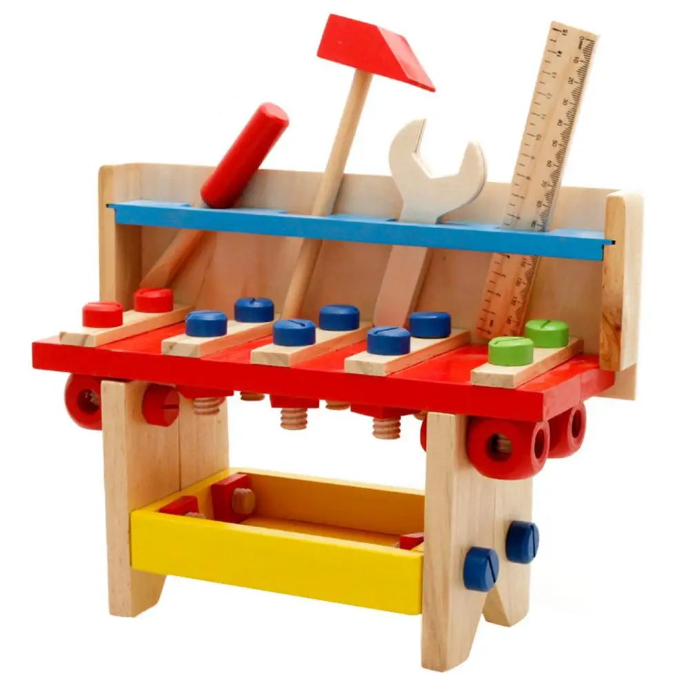 Wooden Tool Workbench Toy Construction Workshop Pretend Play Toy Gift Wrench Screwdriver Hammer Ruler for Kids Age 3