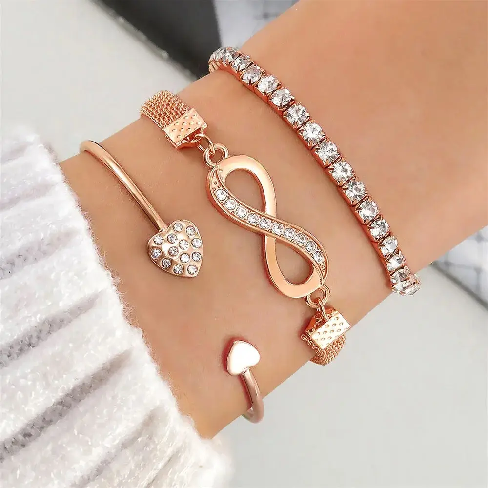 Custom Women Crystal Peach Heart Open Charm Bangle Girls Bracelet Set Multilayer Infinity Full Diamond Heart Bracelet