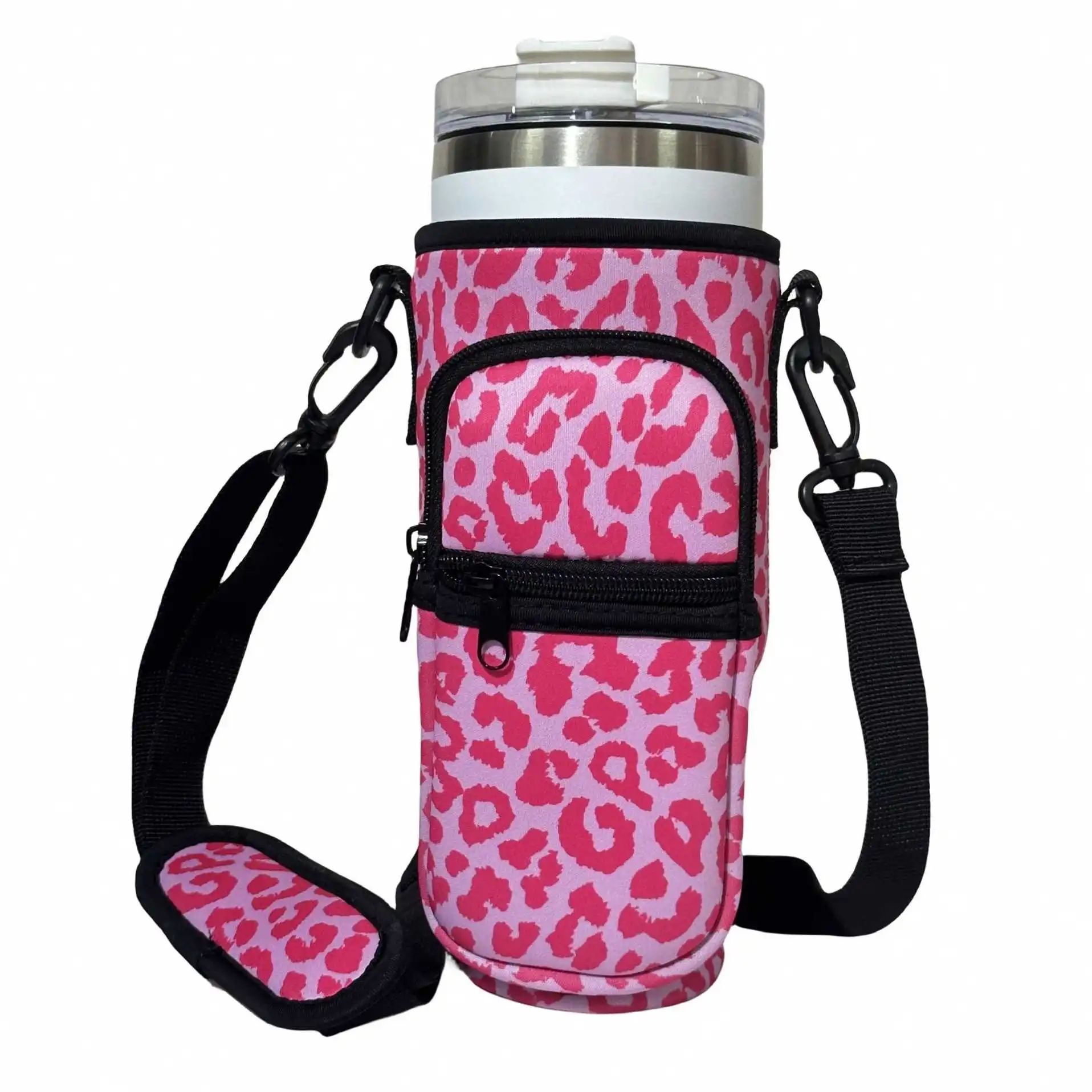 Trendy Adjustable Strap Neoprene 40Oz Water Bottle Carrier Sleeve Pouch Tumbler Cup Holder Sling Bag With Zipper Phone Pocket