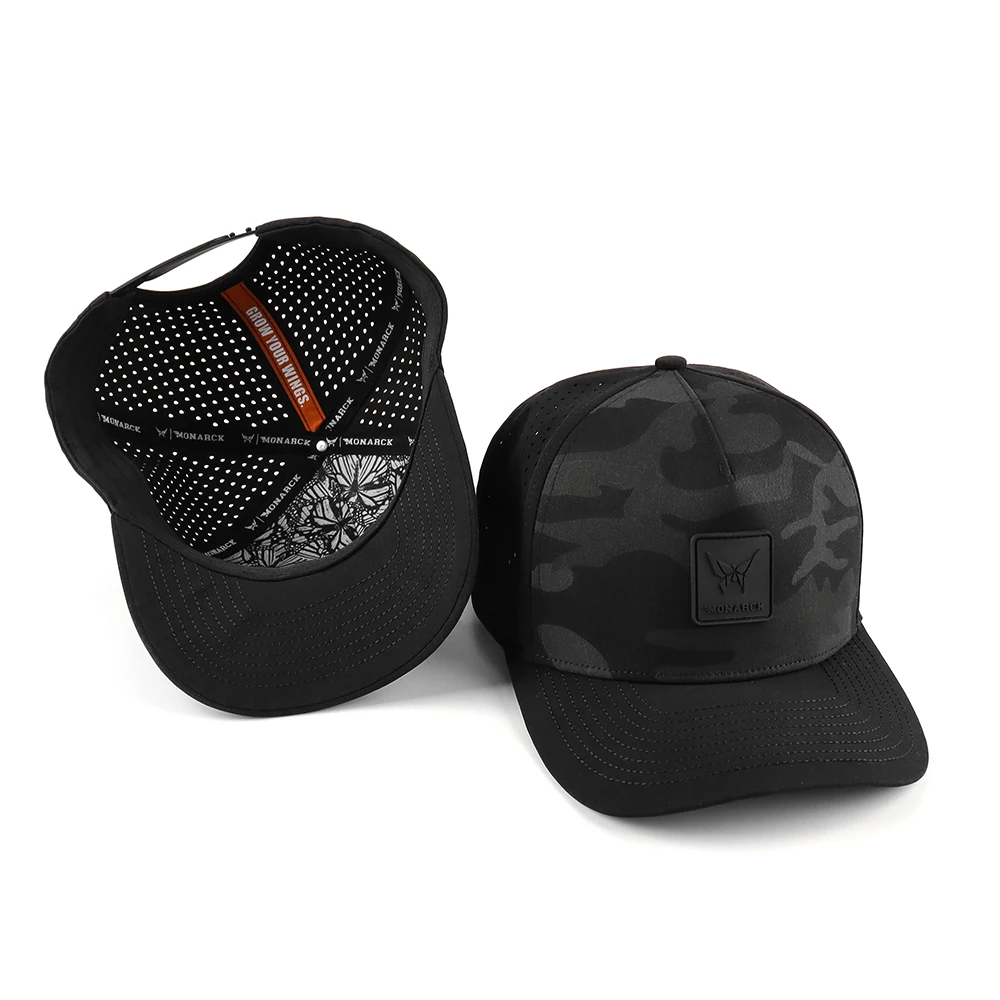Custom  embroidery thread 5 Panel Rubber Logo Luxury Baseball Cap,Waterproof Two Tone Perforated Hat,camo hydro baseball hat