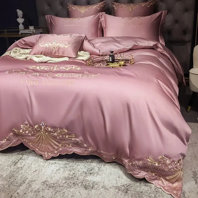 
hot sale silk bedding sets embroidery design tencel bedding set bed sheet and duvet cover set 
