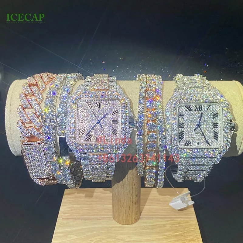 Hip Hop Jewelry Customized Moissanite Watch Luxury VVS Moissanite Diamond Buss down automatic watch for men