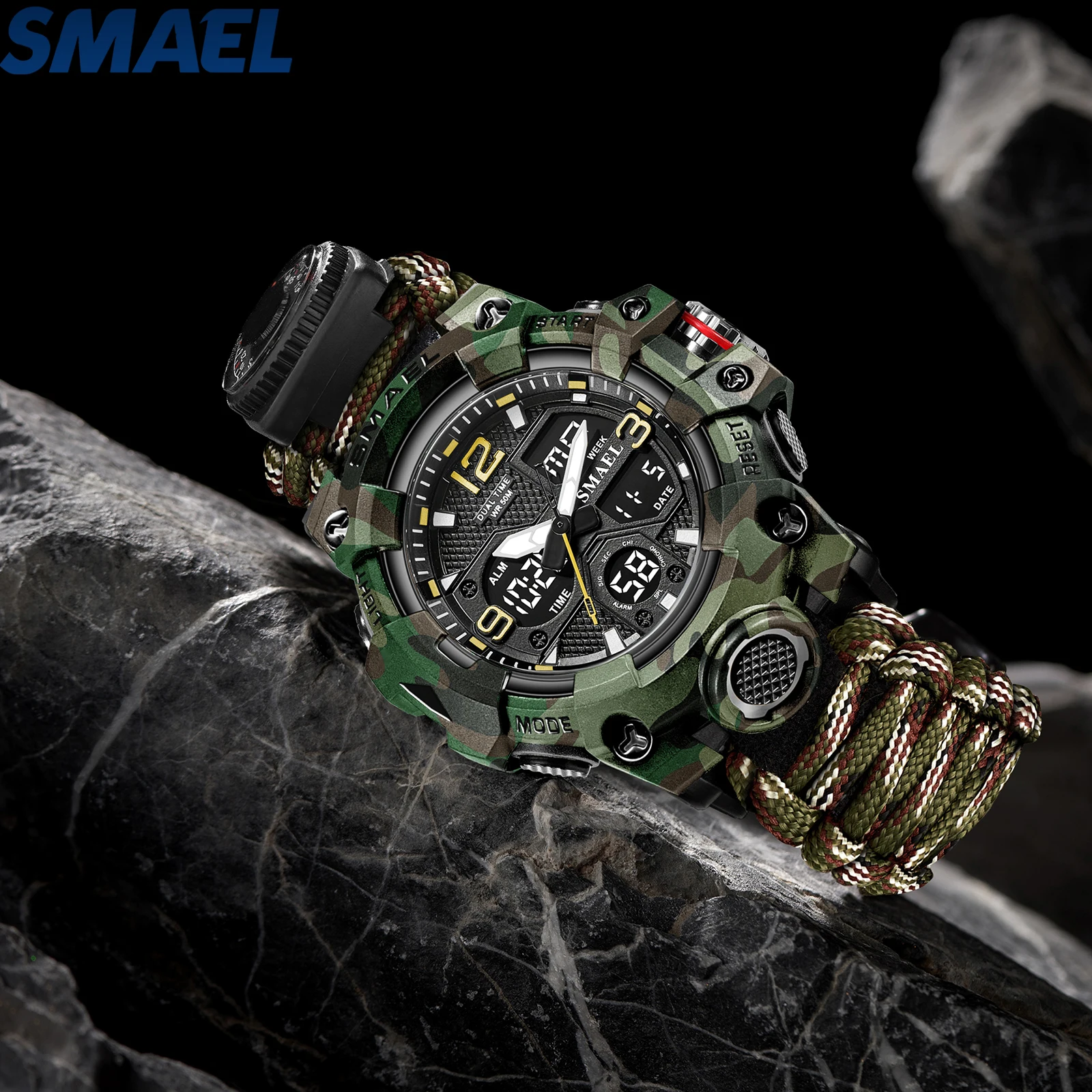 SMAEL Outdoor Survival Nylon Watch Emergency Timing Whistle Compass Thermometer Ignition Alarm Clock Stop Survival Sports Watch