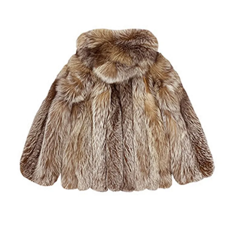 Elegant Temperament Ladies Mid Length High Quality Silver Fox Fur Coat Hooded Plus Size Ladies Jacket