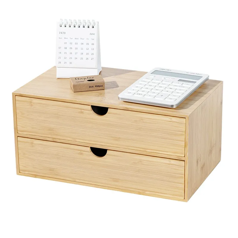 Natural Bamboo Wood Large Desktop Organizer 2 Drawer Office Desk Organizer