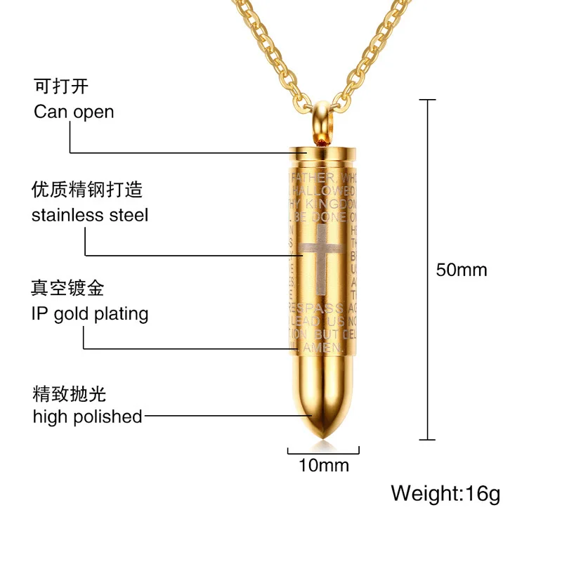 
Men openning urn Stainless steel bullet necklace holy bible cross pendant 