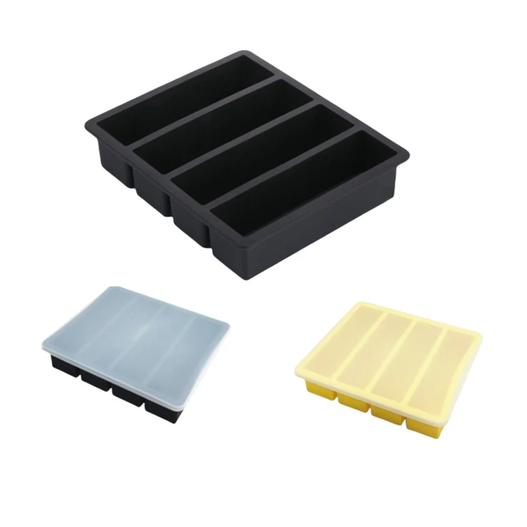 BPA  Free 4 Cavity Stackable Durable Long Silicone Ice Cube Tray Maker Large Butter for Whiskey and Cocktail