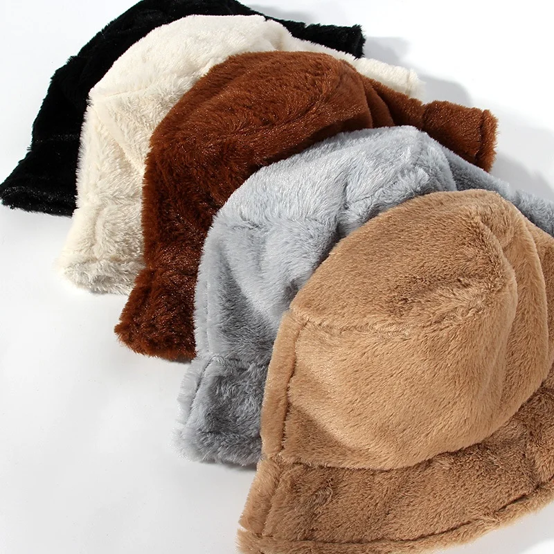 Custom Warm Soft Solid Thickened Fishing Panama Cap For Outdoor Vacation Hat Panama Cap Faux Rabbit Fur Winter Warm Bucket Hat
