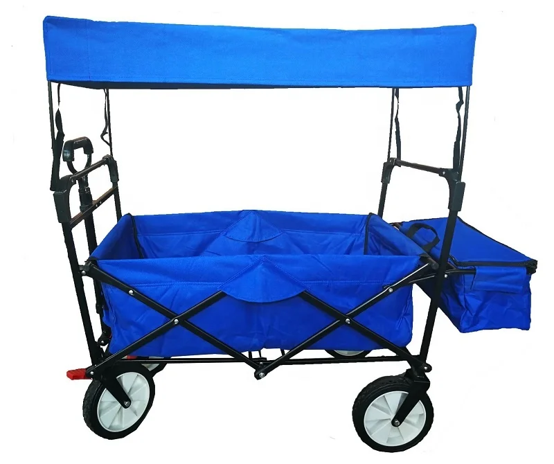 Outdoor Camping Cart with Adjustable Handle Bar, Folding Trolley Utility Picnic Wagon Have Sun/Rain Shade
