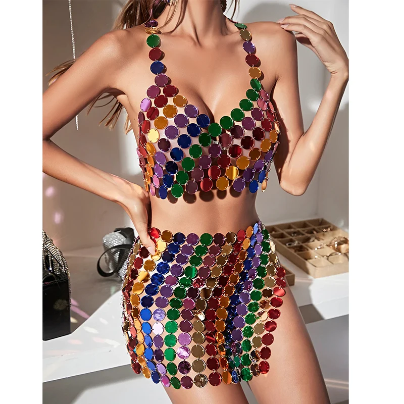 Women Chainmail Rainbow Set Sexy Crop Top Body Chain Mini Skirt Disc Colorful Sequin Nightclub Beach Concert Outfit Girl