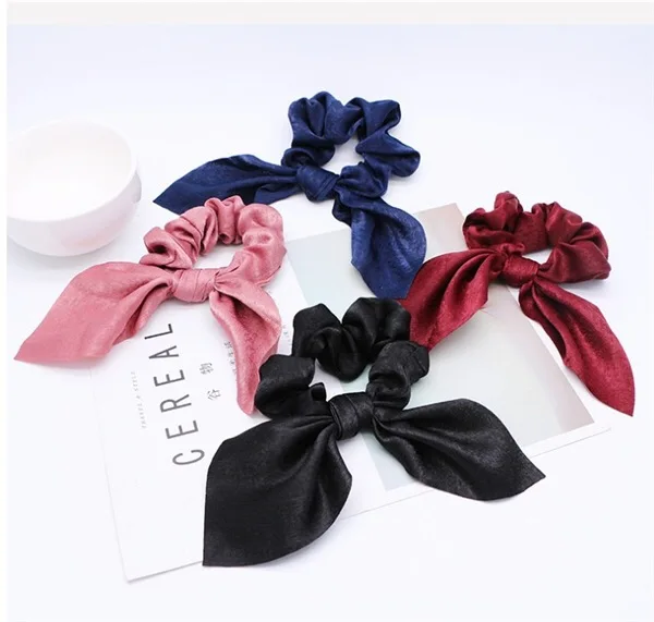 Cute Rabbit Ear Hair Ties silk Bow Scrunchies Solid Color for girls