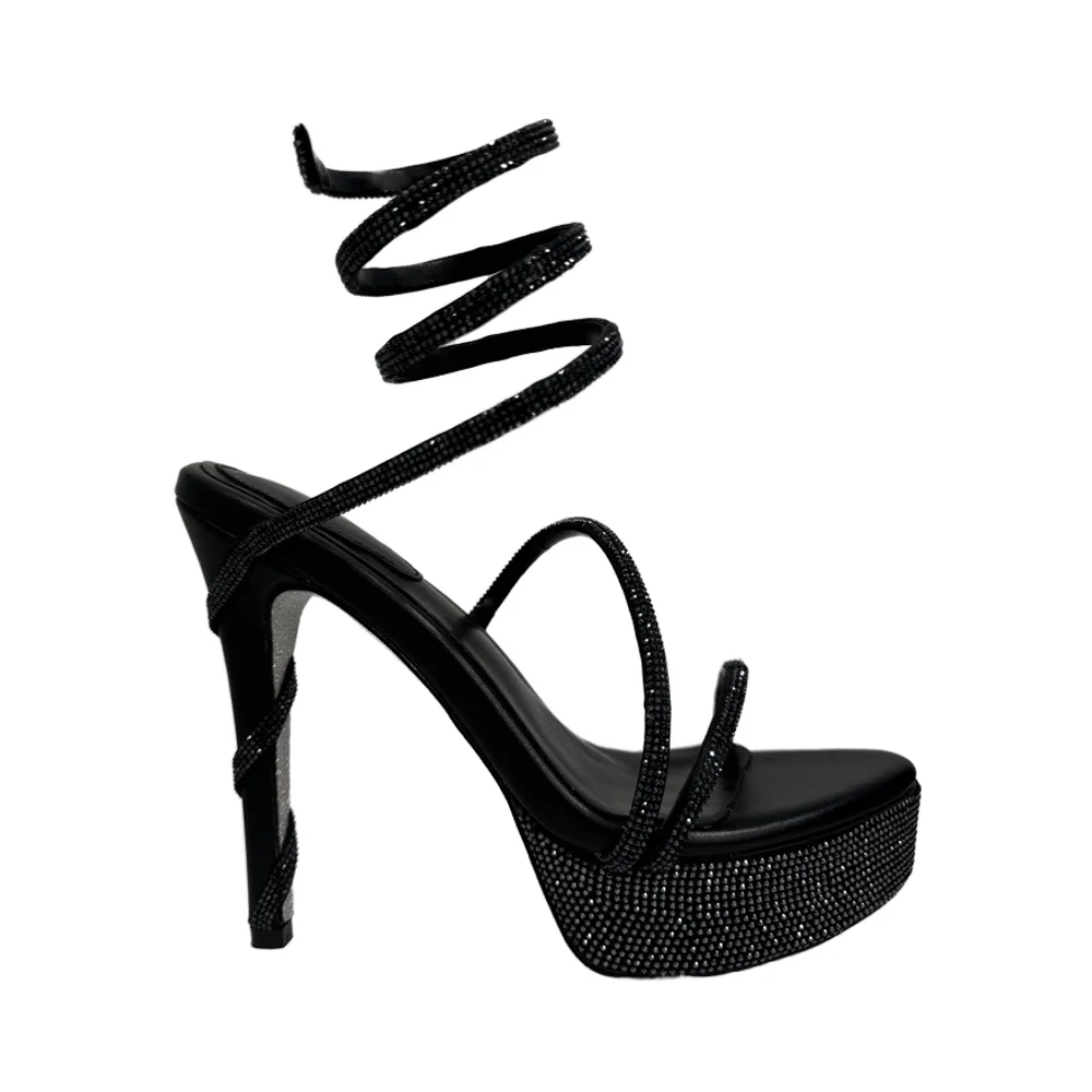 2024 High Heels Girls summer shoes hot design wholesale platform rhinestone straps snake ankle wrap heeled sandals for women