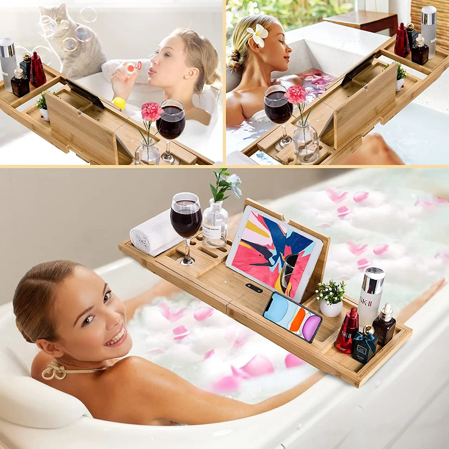 Wholesale Foldable Expandable Bamboo Bath Caddy Tray for Bathtub