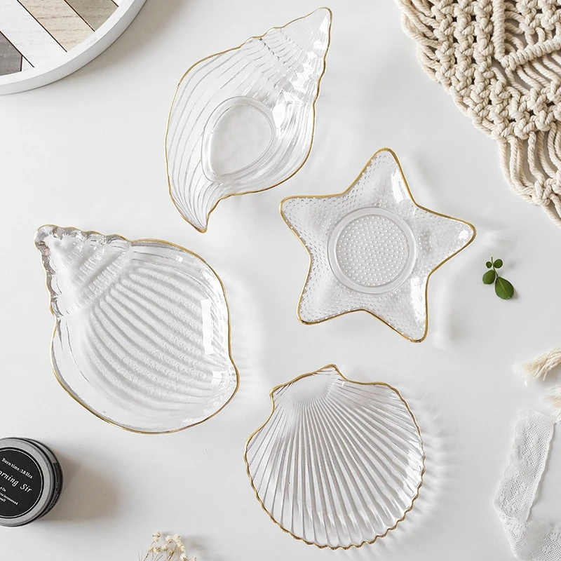 shell dish crystal ocean series lead free conch shape with gold rim glass plate snack dish