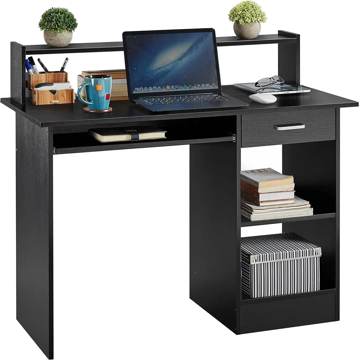 Black Computer Desk with Drawers Storage Shelf Keyboard Tray - Home Office Laptop Desktop Table for Small Spaces