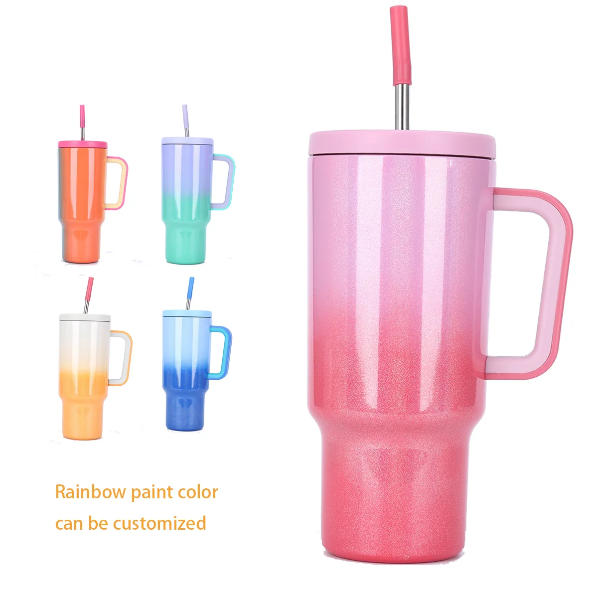 Customized gradient stainless steel 40oz car cup creative car portable insulated cup rainbow paint straw handle ice cream cup