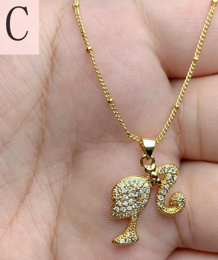 New Diamond with Zirconia Pendant Beauty Head Necklace Fashion Design Cartoon Barbiees Necklace for Women