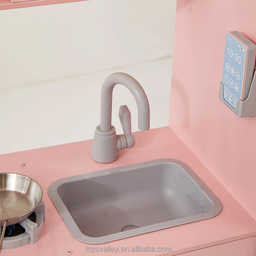 Pink pretend wooden play kitchen toy set for girls