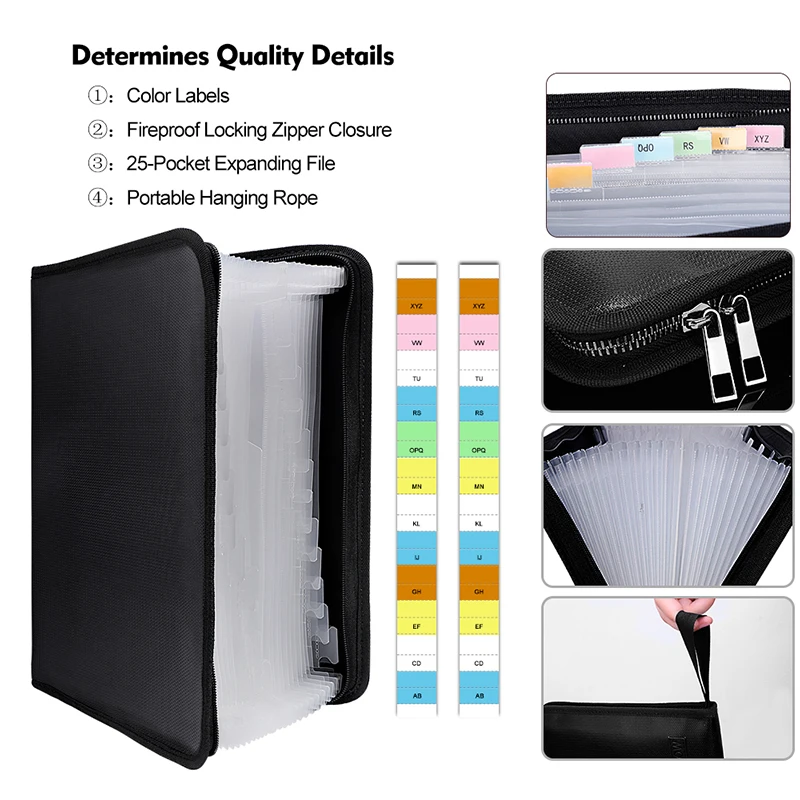 High Quality A4 Fireproof Document Folder Office school Use Color Expanding Zipper Filing Folder