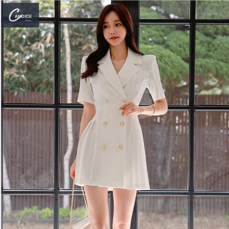 Candice 2023  Korean Suit Collar Double breasted Pleated Professional formal dress blazer womans office dress for ladies