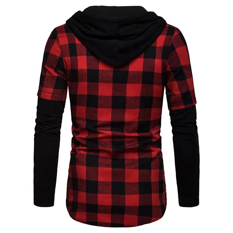 Оптовая продажа, повседневная мужская приталенная рубашка из смеси хлопка с длинным рукавом и капюшоном, красная, черная, в клетку