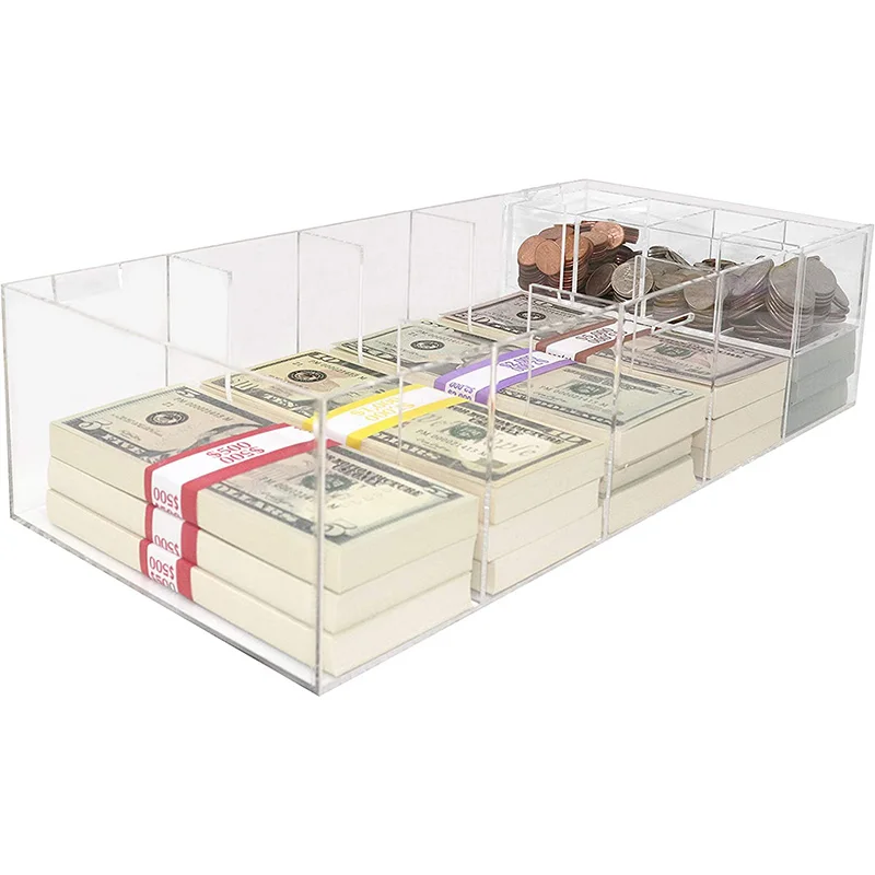 5 Compartment Acrylic Money Storage Box Locking Currency Tray Cash Organizer with Lockable Cover