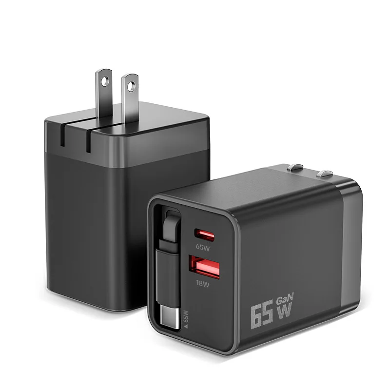 ЕС 65 Вт Gan Type C + USB Qc3.0 настенное зарядное устройство черного типа Быстрая зарядка с выдвижным кабелем для IPhone
