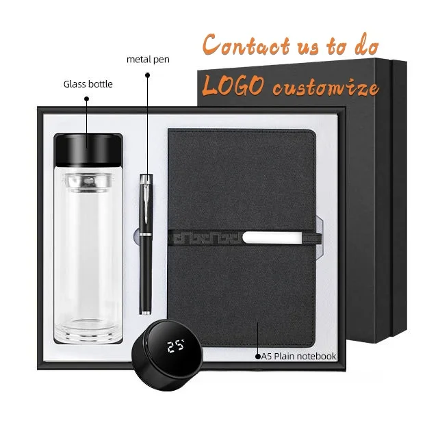 High quality temperature display glass bottle exquisite notebook metal pen gift set business corporate