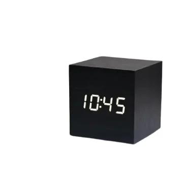Mini Cube Wooden Clock Voice Control Electronic Desk Clock with LED Digital Table Watch Snooze Cute Alarm Clock fo