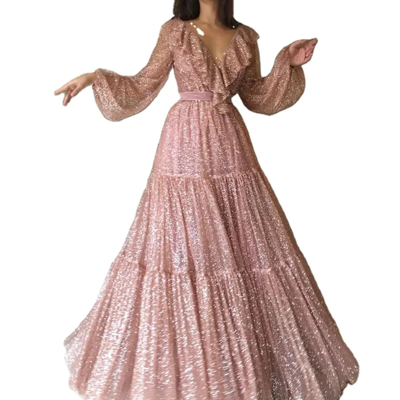 Модное бальное платье с глубоким V-образным вырезом и блестками, платье большого размера с длинным рукавом для женщин