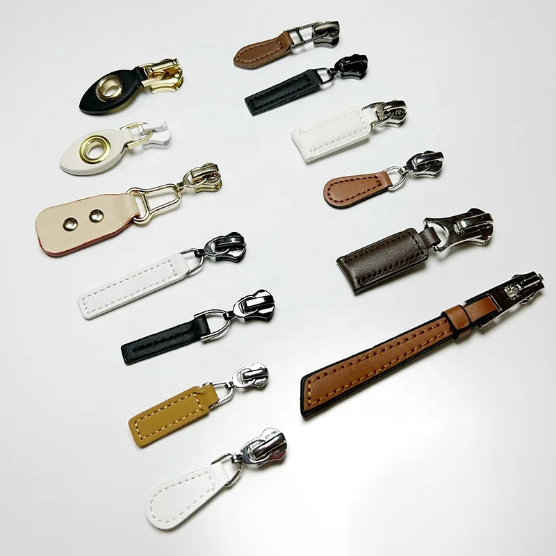 Zipper pulls custom logo leather zipper slider PU leather zipper tag puller head for handbags outdoors