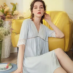 Wholesale Women Spring and Autumn Short Sleeve Casual Sweet Pajamas Vintage Lace Victorian Style Cotton Nightgown