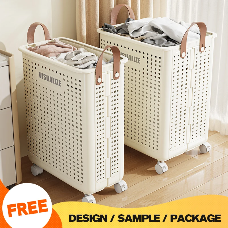 Wannuo Eco-Friendly Soiled Clothes Storage Basket Hollow Out Folding Plastic Storage Basket Laundry Basket With Wheels