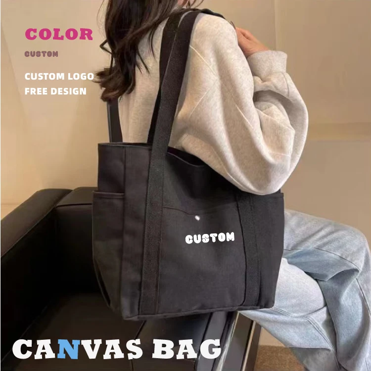 Custom Vintage Style Button Closure Cotton  Shopping Bag Travel Modern Luxury Canvas Bag with Zipper and water bottle pocket