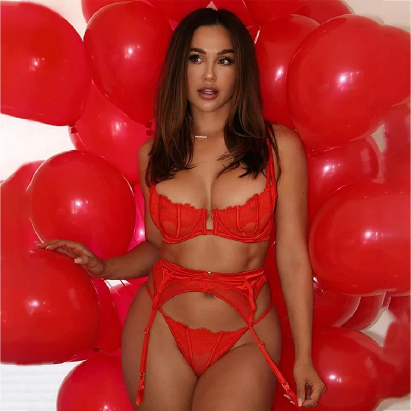 Vendor Custom Private Label Sexy Underwear Lingerie Women Red Mesh Langerie3 Piece Lace Set For