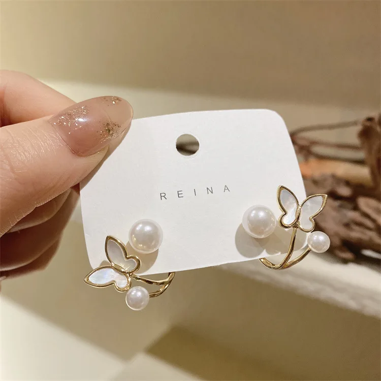 Fashion Butterfly White Enamel Earrings  Alloy Pearl Gold Earrings Simple Jewelry Accessories Gifts 2 Kinds Wearing