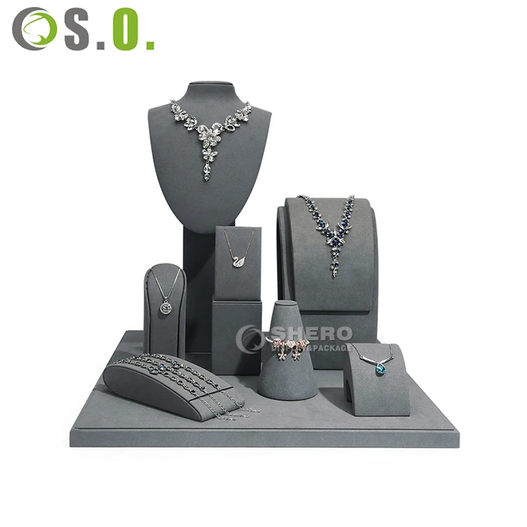 jewellery display stand customized logo metal showcase microfiber stand necklace set wooden jewelry display