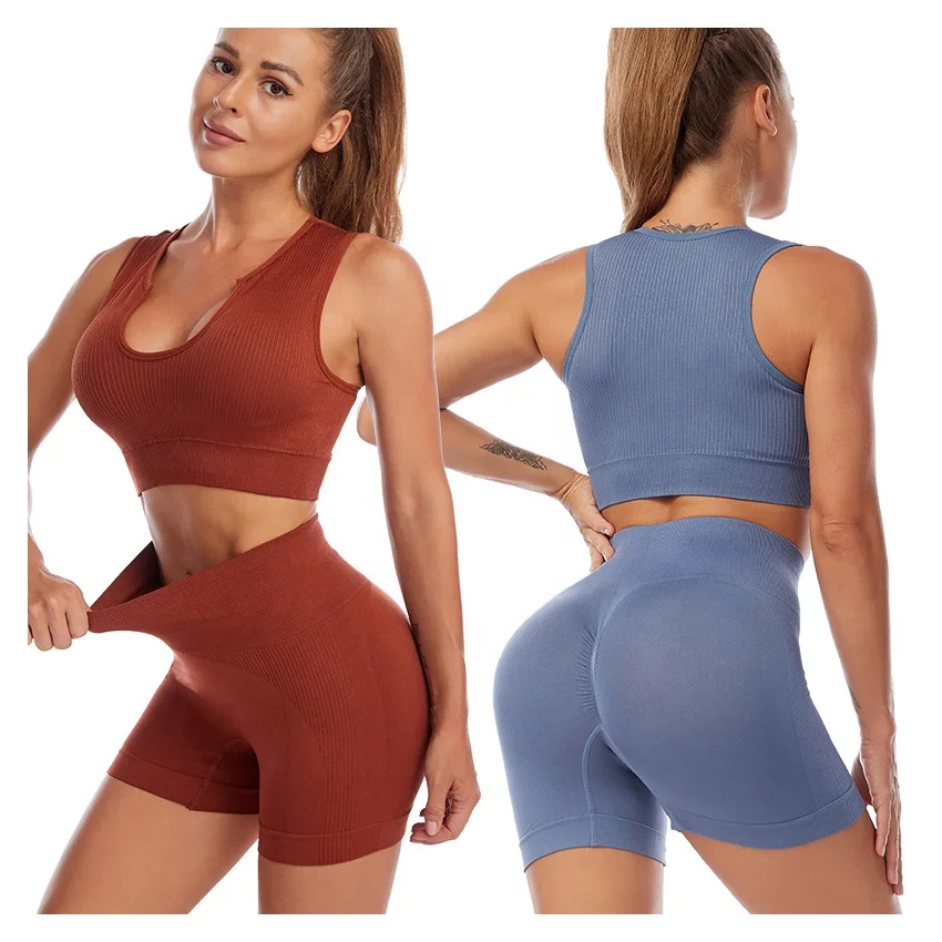 7021 Breathable Seamless Yoga Leggings Shorts And Sexy Bra For Running Workout Outfits 2 Piece Gym Fitness Sets For Women