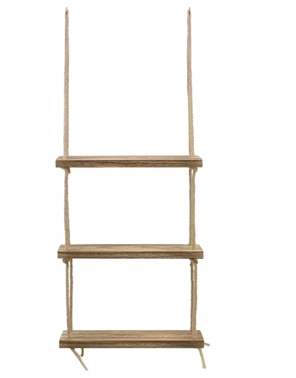 Ready to Ship In Stock 3 Tier Hanging Floating Shelves - Rustic Wood Rope Floating Shelf Set - Grey and Brown LOW MOQ