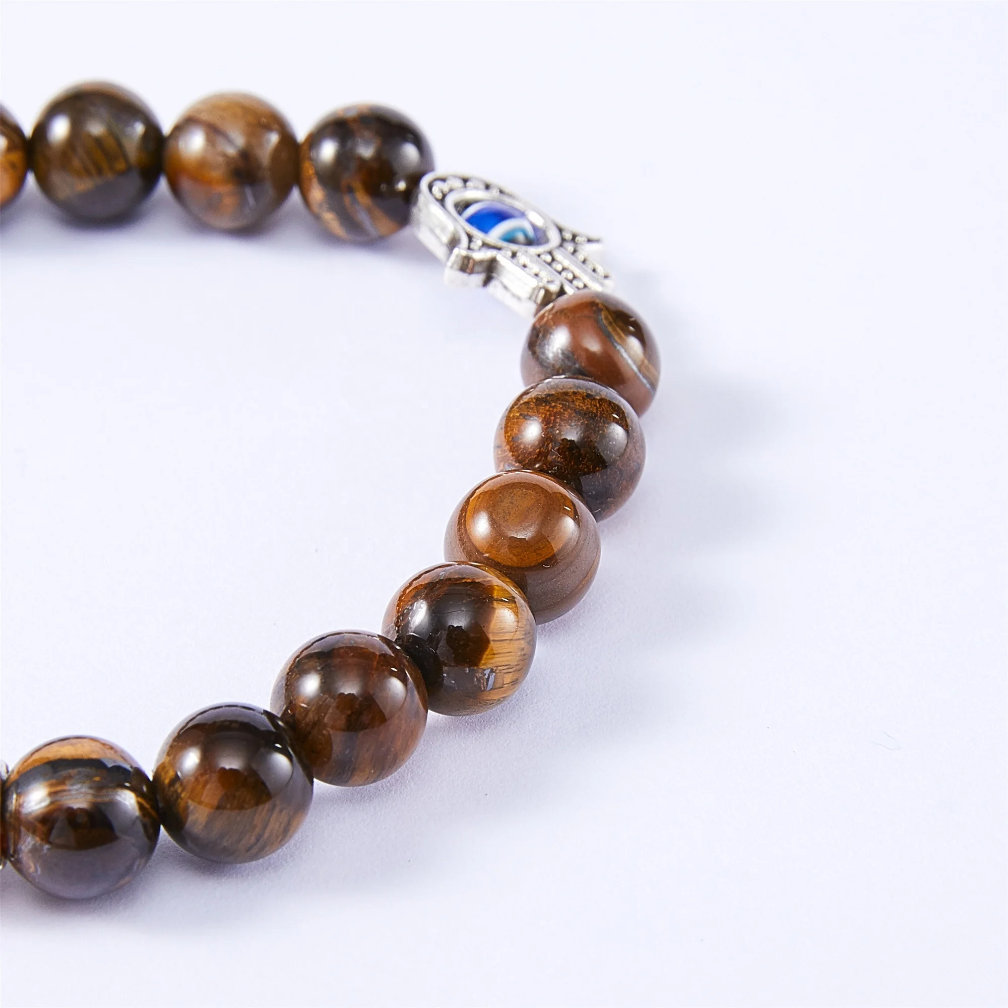 8mm Beads Bracelet Wholesale Men Natural Stone Hand Of Fatima Beaded Chakra Tiger Eye Bracelet
