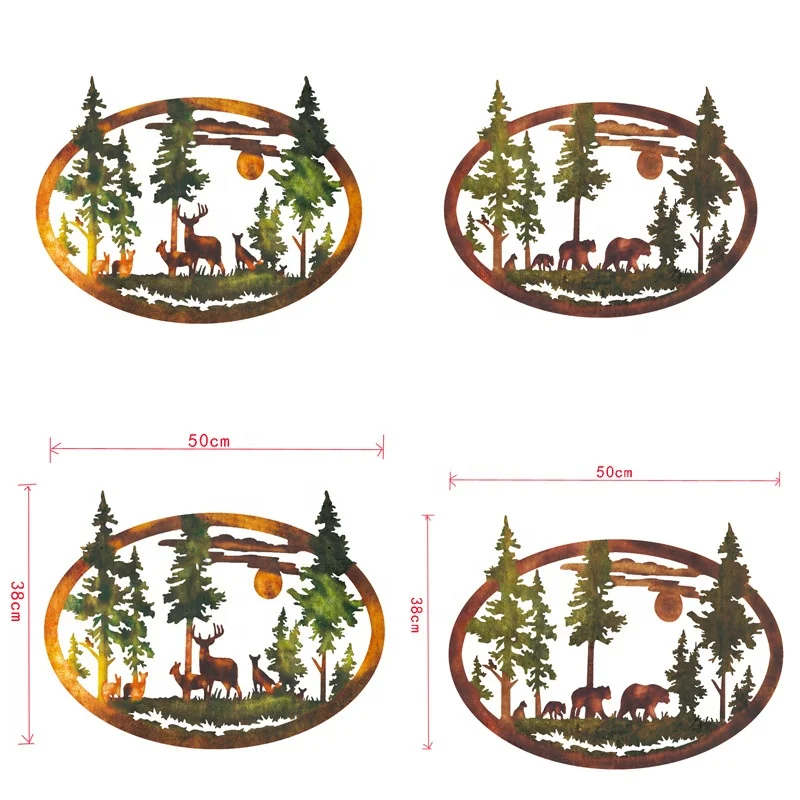 Deer Bear Mountain and Trees Metal Wall Art Indoor Outdoor Wall Decoration