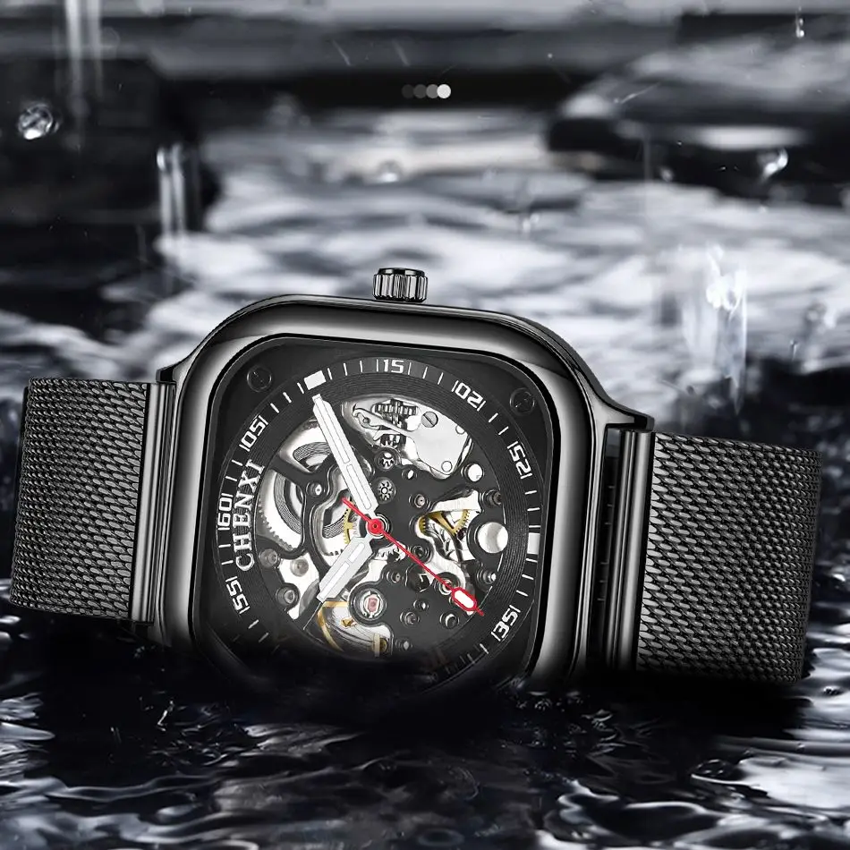 CHENXI 8810 Luxury Genuine Leather Square Skeleton Mechanical Watch Men Fashion Luminous Waterproof Fully Automatic Watches Mens