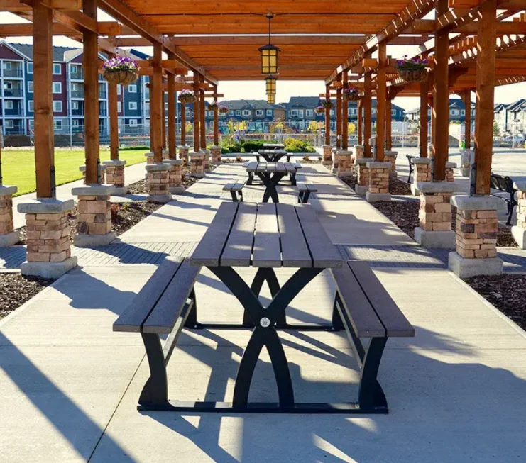 Outside Commercial Patio Hotel Restaurant Wooden Table Bench Modern Dining Outdoor Garden Street Picnic Table