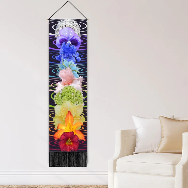 51.2X12.8 Inches Indian Hippie Buddha Wall Decor Seven Lotus Long Tapestry Vertical Wall Hanging with Tassel