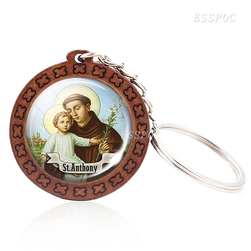 Christian Wooden Trinket 12 Saint Glass Cabochon Keychain Saint Therese Keyring Saint Anthony Pendant Religious Jewelry