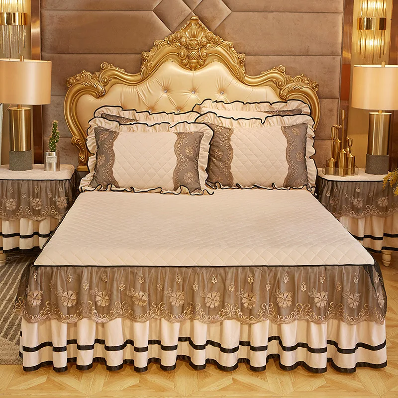 Luxury Bedspread Lace Embroidery Bed Skirts Mattress Cover Pillowcases European Royal Blue Velvet Bedding Set