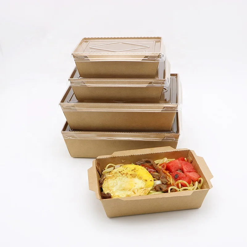 Biodegradable kraft food container water proof paper tray with plastic lid
